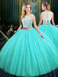 Charming Tulle and Sequined Scoop Sleeveless Lace Up Lace and Sequins Vestidos de Quinceanera in Blue