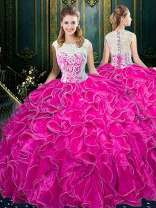 Low Price Organza Scoop Sleeveless Zipper Lace and Ruffles Sweet 16 Quinceanera Dress in Fuchsia
