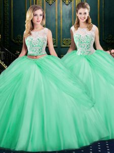 Pick Ups Two Pieces Quinceanera Gowns Apple Green Scoop Tulle Sleeveless Floor Length Zipper