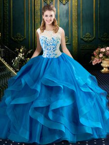 Scoop Blue Tulle Zipper 15th Birthday Dress Sleeveless With Brush Train Lace
