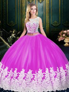 Flare Scoop Sleeveless Tulle 15 Quinceanera Dress Lace and Appliques Zipper