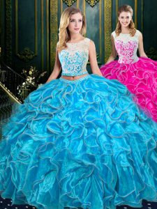 Nice Organza Scoop Sleeveless Zipper Lace and Ruffles Quinceanera Gowns in Baby Blue