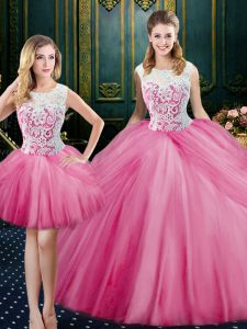 Classical Three Piece Scoop Sleeveless Floor Length Lace and Pick Ups Zipper Sweet 16 Dress with Pink