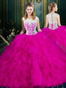 Modern Fuchsia Quinceanera Dresses Military Ball and Sweet 16 and Quinceanera and For with Lace and Ruffles Scoop Sleeve