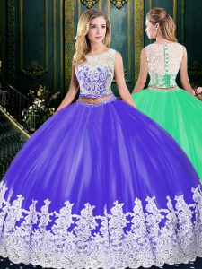 Tulle Scoop Sleeveless Zipper Lace and Appliques Quinceanera Dresses in Purple