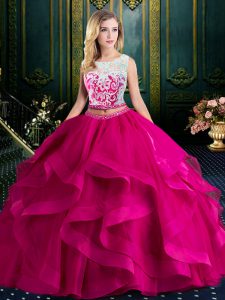 Fuchsia Two Pieces Scoop Sleeveless Tulle With Brush Train Lace Up Lace and Ruffles Sweet 16 Dresses