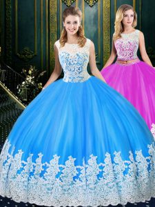 Scoop Baby Blue Sleeveless Lace and Appliques Floor Length Sweet 16 Quinceanera Dress