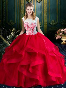 Great Square Sleeveless Brush Train Lace and Ruffles Zipper Quinceanera Dress