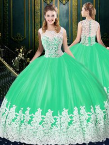 Designer Scoop Apple Green Ball Gowns Lace and Appliques Ball Gown Prom Dress Zipper Tulle Sleeveless Floor Length
