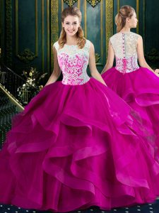 Exceptional Fuchsia Sweet 16 Dresses Military Ball and Sweet 16 and Quinceanera and For with Lace Square Sleeveless Brus