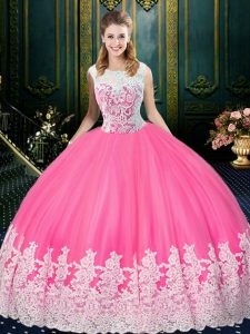 Scoop Sleeveless Floor Length Lace and Appliques Zipper Quinceanera Gowns with Rose Pink