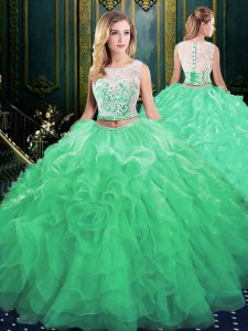 Superior Scoop Green Zipper Sweet 16 Quinceanera Dress Lace and Appliques and Ruffles Sleeveless Court Train