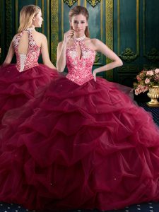Pick Ups Ball Gowns Quinceanera Dress Wine Red Halter Top Tulle Sleeveless Floor Length Lace Up
