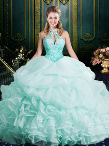 Halter Top Sleeveless Beading and Lace and Ruffles Clasp Handle Vestidos de Quinceanera with Apple Green Brush Train