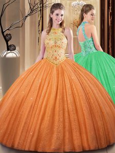 Sumptuous Orange Ball Gowns Tulle High-neck Sleeveless Embroidery and Hand Made Flower Floor Length Backless 15 Quincean