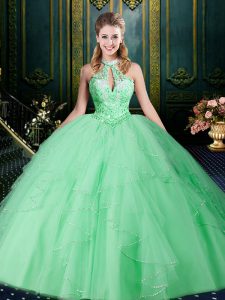Halter Top Floor Length Apple Green Sweet 16 Dresses Tulle Sleeveless Beading and Lace and Ruffles and Ruching