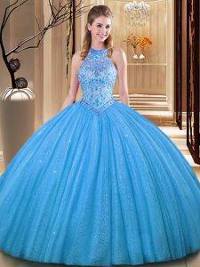 Backless High-neck Sleeveless Sweet 16 Dress Floor Length Embroidery Baby Blue Tulle