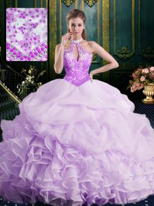 Glittering Halter Top Lavender 15 Quinceanera Dress Organza Brush Train Sleeveless Beading and Lace and Appliques and Ru