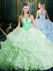 Organza Lace Up Halter Top Sleeveless Vestidos de Quinceanera Brush Train Beading and Lace and Appliques and Ruffles and
