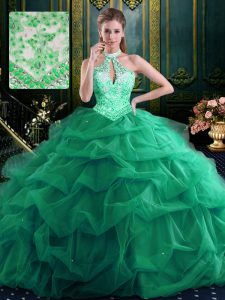 Halter Top Pick Ups Floor Length Ball Gowns Sleeveless Dark Green 15th Birthday Dress Lace Up