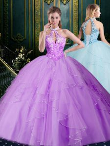 Halter Top Sleeveless Tulle Quinceanera Dress Beading and Lace and Ruffles Lace Up