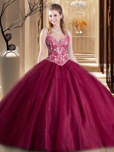 Spaghetti Straps Sleeveless Tulle Ball Gown Prom Dress Beading and Lace and Appliques Lace Up