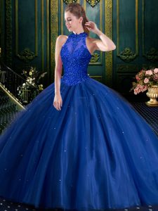 Affordable Navy Blue High-neck Lace Up Beading and Appliques Sweet 16 Dresses Sleeveless