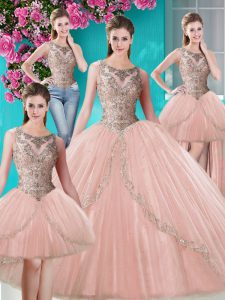 Cute Four Piece Scoop Sleeveless Quinceanera Dresses Floor Length Beading and Appliques Peach Tulle