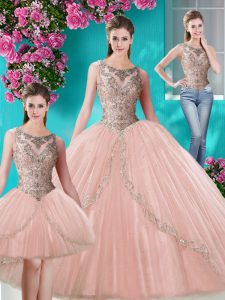 Modern Three Piece Scoop Sleeveless Floor Length Beading and Appliques Lace Up Quinceanera Dress with Peach