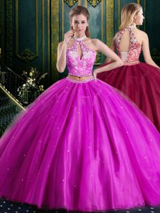 Customized Halter Top Sleeveless Floor Length Beading and Lace and Appliques Lace Up 15 Quinceanera Dress with Fuchsia