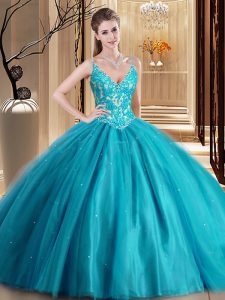 High Quality Tulle Sleeveless Floor Length Sweet 16 Quinceanera Dress and Beading and Lace and Appliques