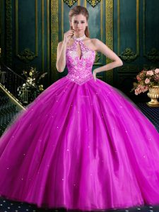 Discount Halter Top Fuchsia High-neck Neckline Beading and Lace and Appliques Sweet 16 Dress Sleeveless Lace Up
