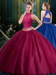 Gorgeous Halter Top Burgundy Sleeveless Appliques Floor Length Quinceanera Dress