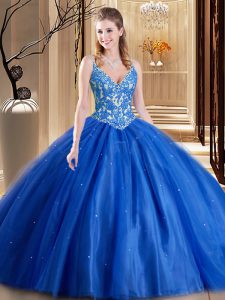 Suitable Blue Lace Up Spaghetti Straps Beading and Appliques 15th Birthday Dress Tulle Sleeveless