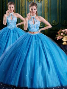 Charming Sleeveless Floor Length Beading and Appliques Lace Up Ball Gown Prom Dress with Baby Blue