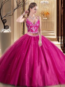 Stunning Sleeveless Tulle Floor Length Lace Up Quinceanera Gown in Hot Pink with Beading and Appliques