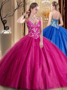 Hot Pink Lace Up Sweet 16 Dresses Beading and Appliques Sleeveless Floor Length
