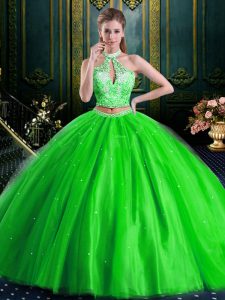 Custom Made Halter Top Two Pieces Sweet 16 Dresses High-neck Tulle Sleeveless Floor Length Lace Up