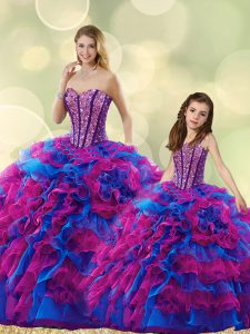 Noble Multi-color Ball Gowns Sweetheart Sleeveless Organza Floor Length Lace Up Beading and Ruffles Quinceanera Dress