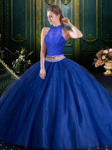 Most Popular Two Pieces Quince Ball Gowns Navy Blue High-neck Tulle Sleeveless Floor Length Lace Up
