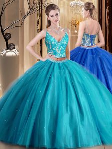 Teal Lace Up Sweet 16 Dress Beading and Lace and Appliques Sleeveless Floor Length