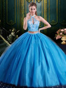 Stylish Halter Top Beading and Lace and Appliques 15 Quinceanera Dress Baby Blue Lace Up Sleeveless Floor Length
