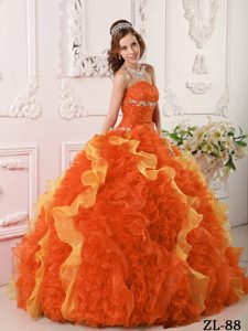 Sweetheart Organza Appliques and Beading Quince Dresses in Orange Red