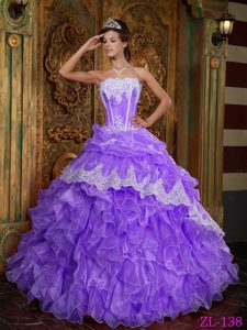 White Appliques for Purple Strapless Ruffles Organza Quinceanera Dresses