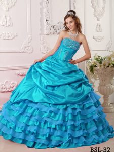 Aqua Blue Strapless Beading Quinceanera Dress with Layered Ruffles