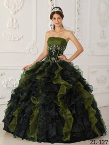 Strapless and Organza Beading Quinceanera Dress in Olive and Black