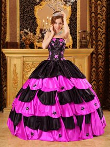 Black and Hot Pink Strapless Beading Star 2013 Quinceanera Dress