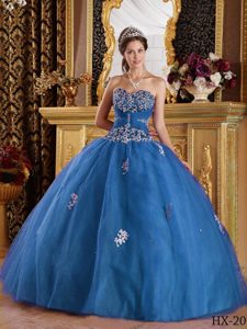 Ball Gown Sweetheart Tulle Teal Sweet Sixteen Dresses Decorated Appliques