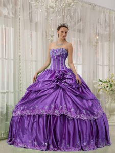 Purple Ball Gown Strapless Dress for Quince with Applique on Sale