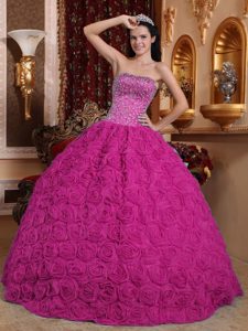 New Fuchsia Ball Gown Strapless Quinceanera Dress with Rolling Flowers
